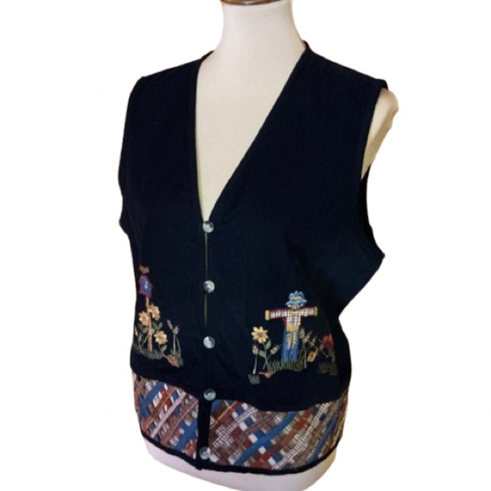 Vtg 90s corduroy embroidered scarecrow vest - Picture 2 of 12